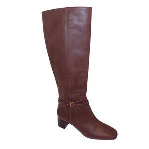 Tory Burch Squared Toe Mid Zip-Up-Perfect Brown Heeled Boot Gold Logo sz 8 New